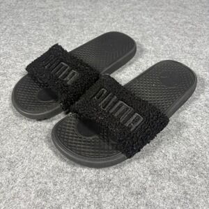 Puma Cool Cat Sherpa Slides Size 9 Black Fleece Faux Fur Sandals
